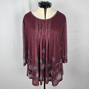 Timeson Blouse Women's 3XL Burgundy Floral Ruffle 3/4 Sleeve Round Neckline NWT